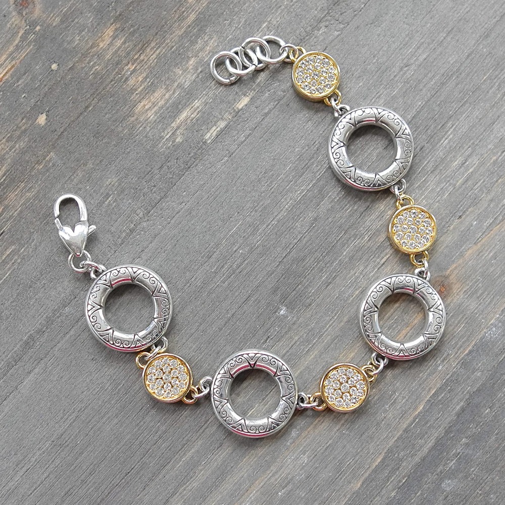Brighton Link Bracelet Two Tone Circles Etched Pave Crystals Reversible Retired